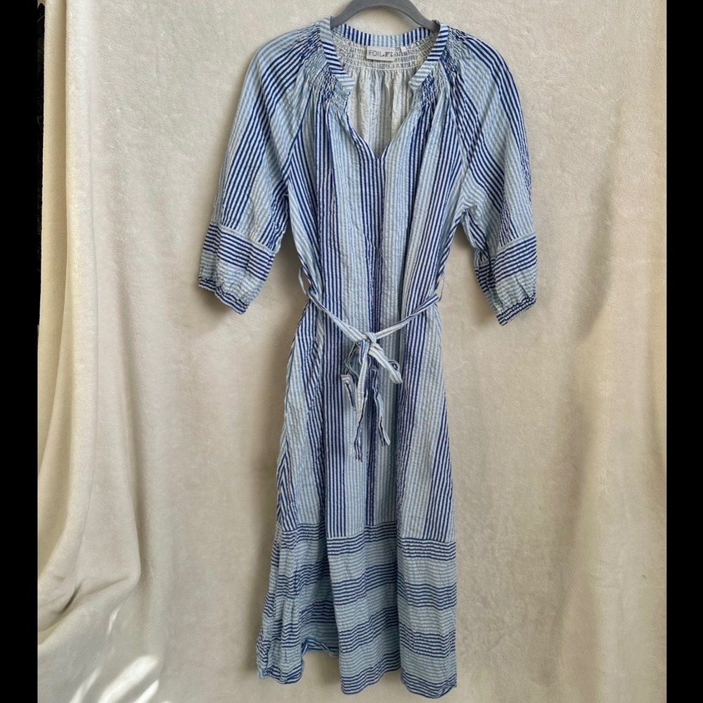 FOIL New Zealand Blue White Striped Tie‎ Waist Cotton Midi Dress Sz 6 / S